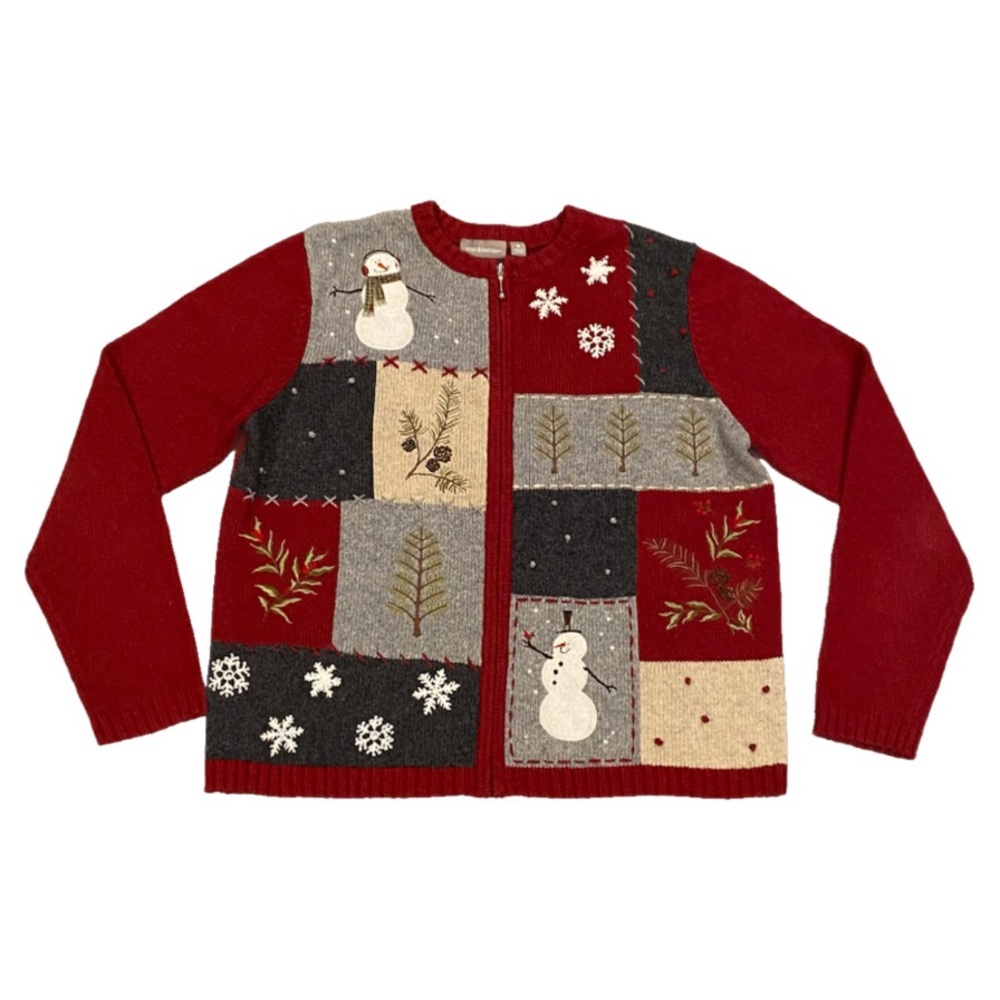 Croft & Barrow Embroidered Holiday Sweater Women’s M Full Zip Patchwork Cardigan